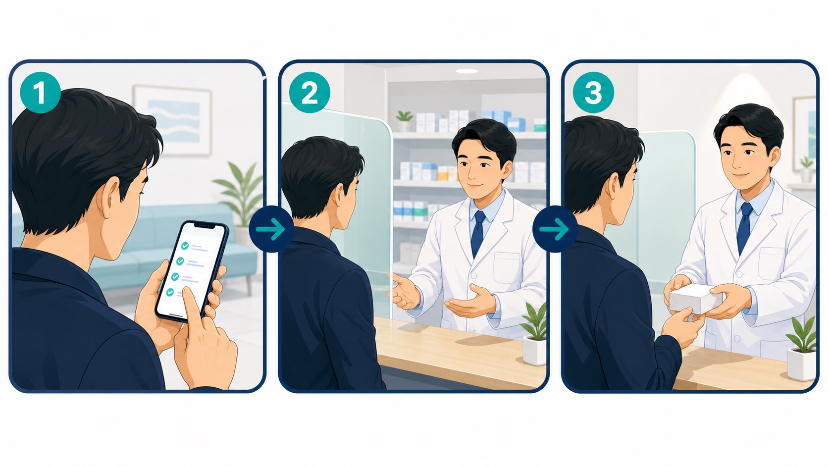 市販シアリスを薬局で購入する3ステップのイメージ
