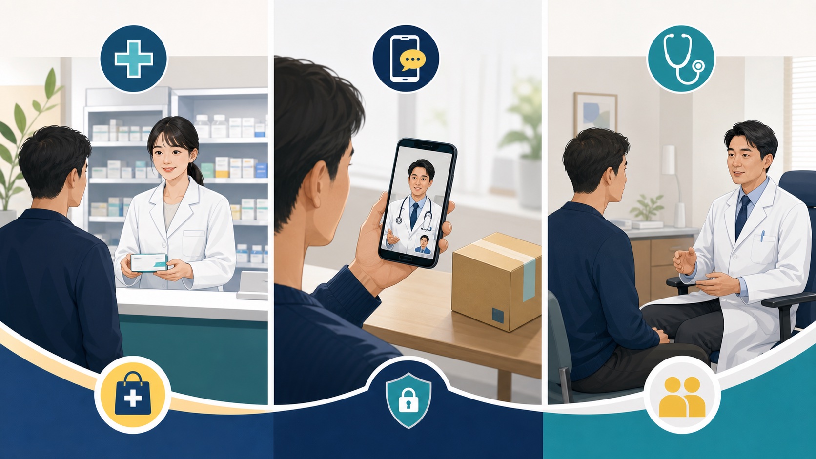 薬局・オンライン診療・病院でED治療薬を入手する方法の比較イメージ