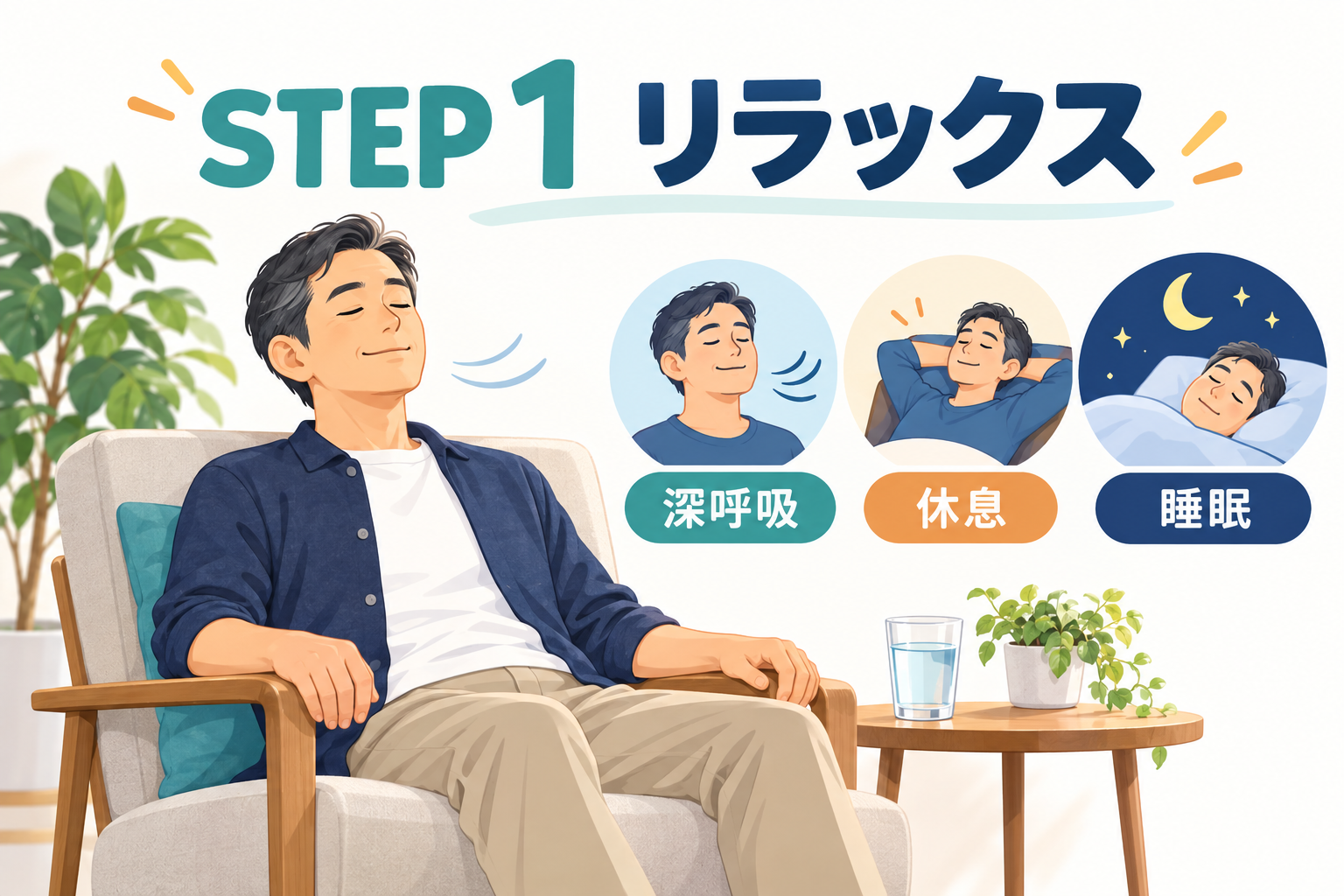 深呼吸、休息、睡眠でリラックスする男性のイラスト
