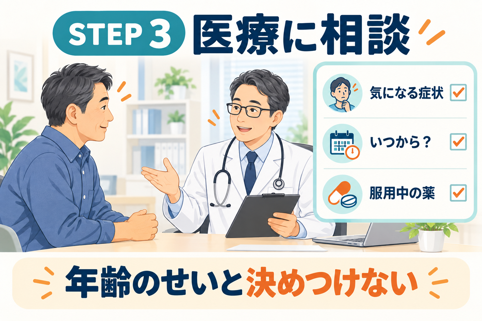 症状、開始時期、服用薬を医師に相談する男性のイラスト