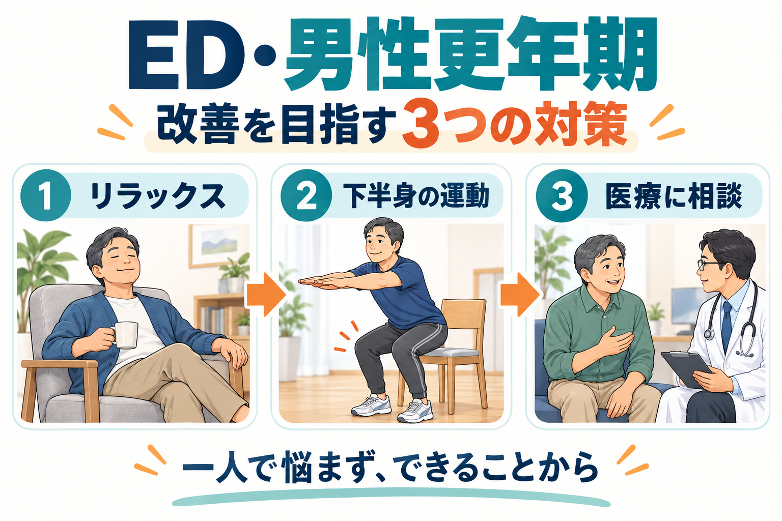 EDと男性更年期の改善を目指す、リラックス・下半身の運動・医療への相談の3つの対策